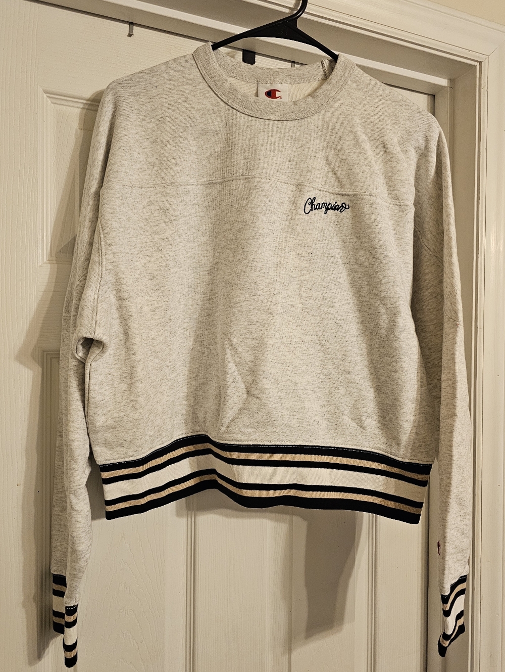 NWT Champion Gray Crewneck Cropped Sweatshirt with Black and Tan Trim. Size:S.